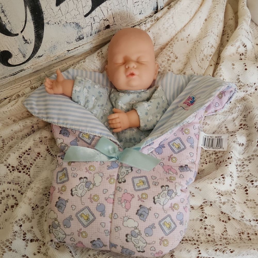 Vintage Baby Doll Puppet with Pink and Blue Blanket